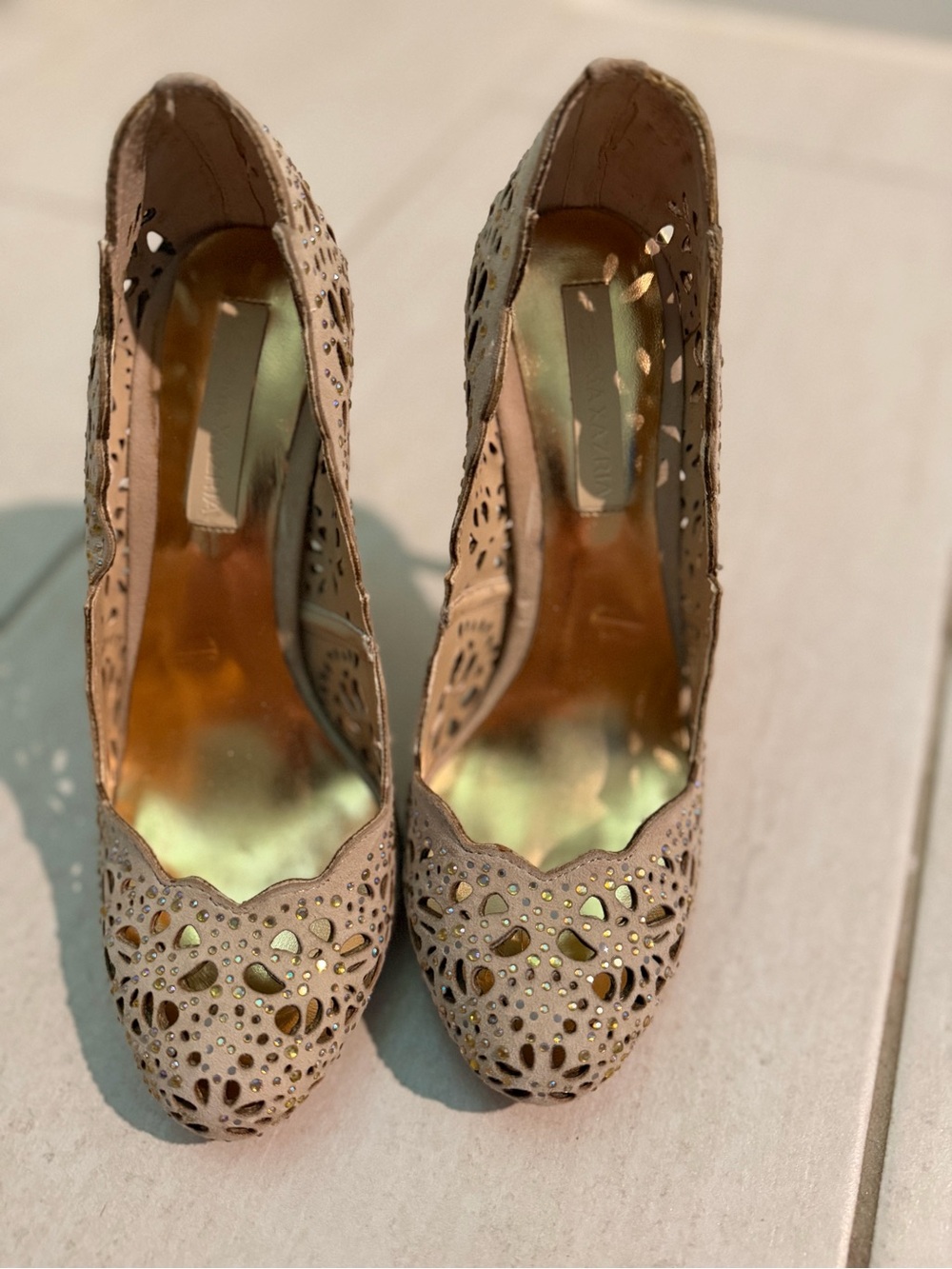BCBGMaxAzria Peacock Nude Laser-Cut Pumps with Gold Stiletto Heel - Picture 11 of 14